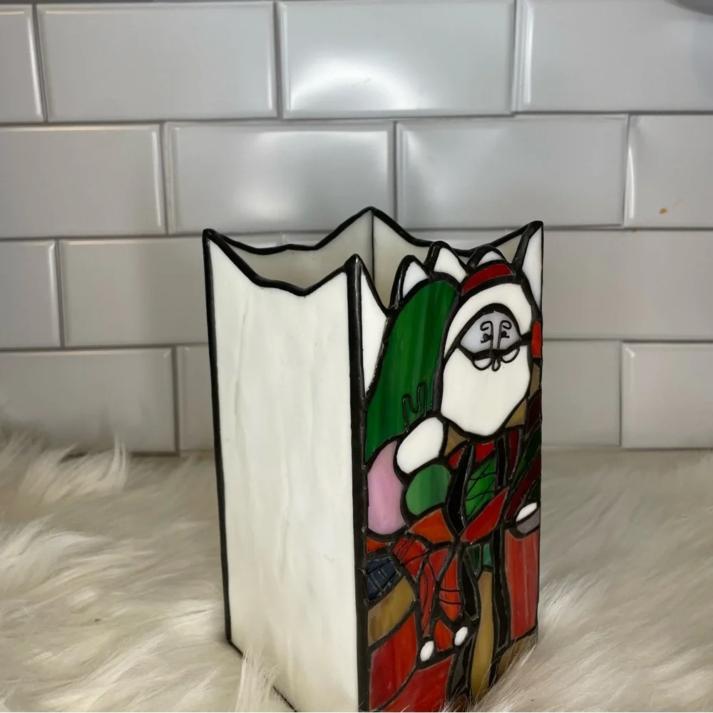 Vintage Stained‎ Glass Santa Christmas Candle Holder